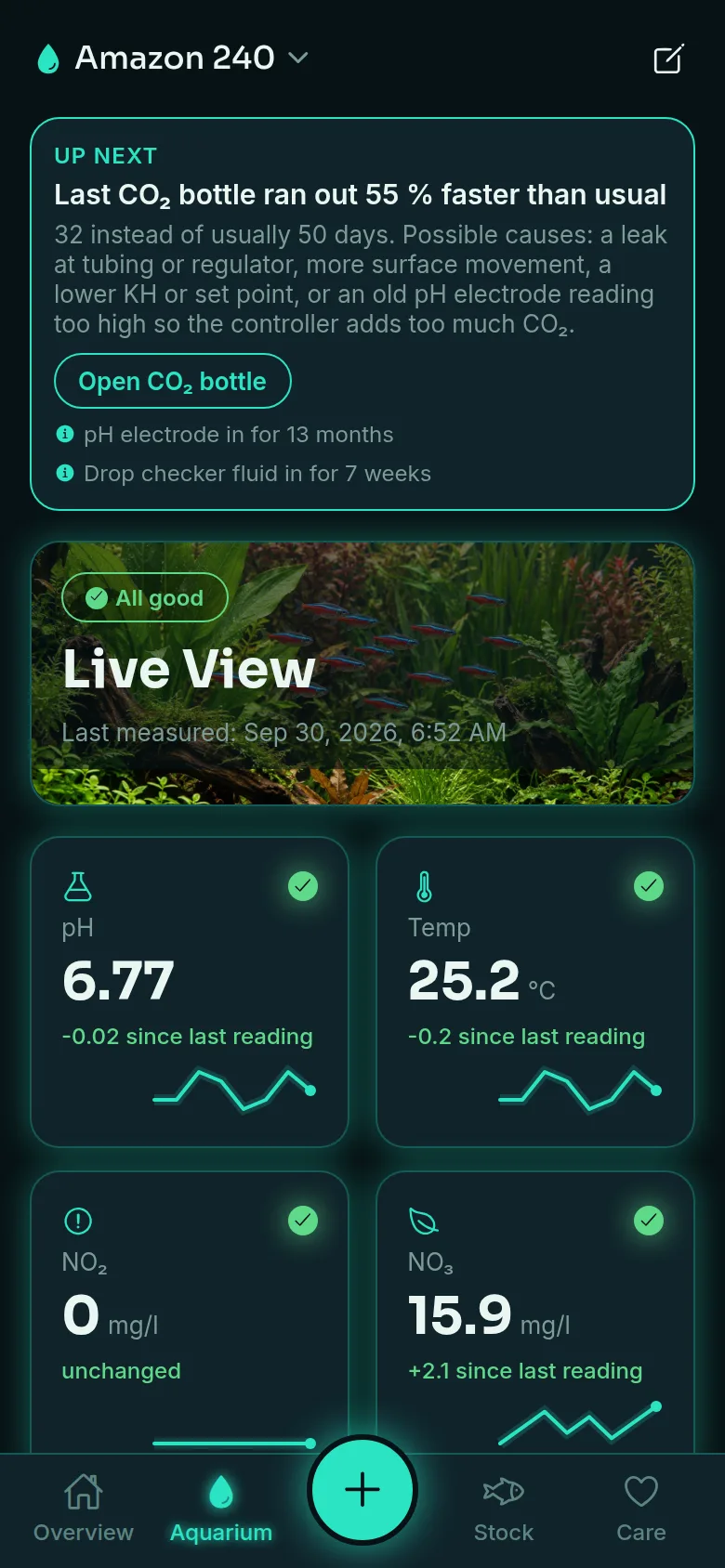 Tank view with the “Up next” hint and the key values