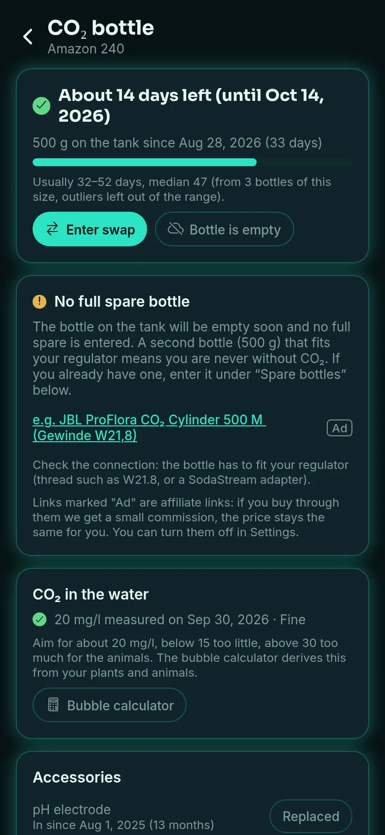 CO₂ cylinder with time remaining, history and a note about a missing spare