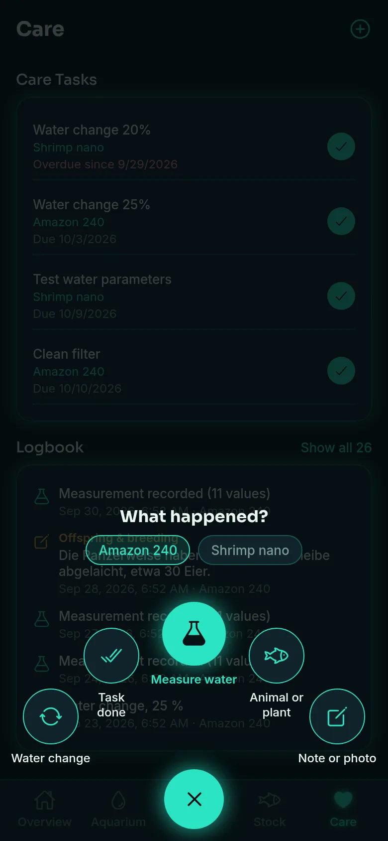 Radial menu “What happened?” with test water, water change, task done, animal or plant, note