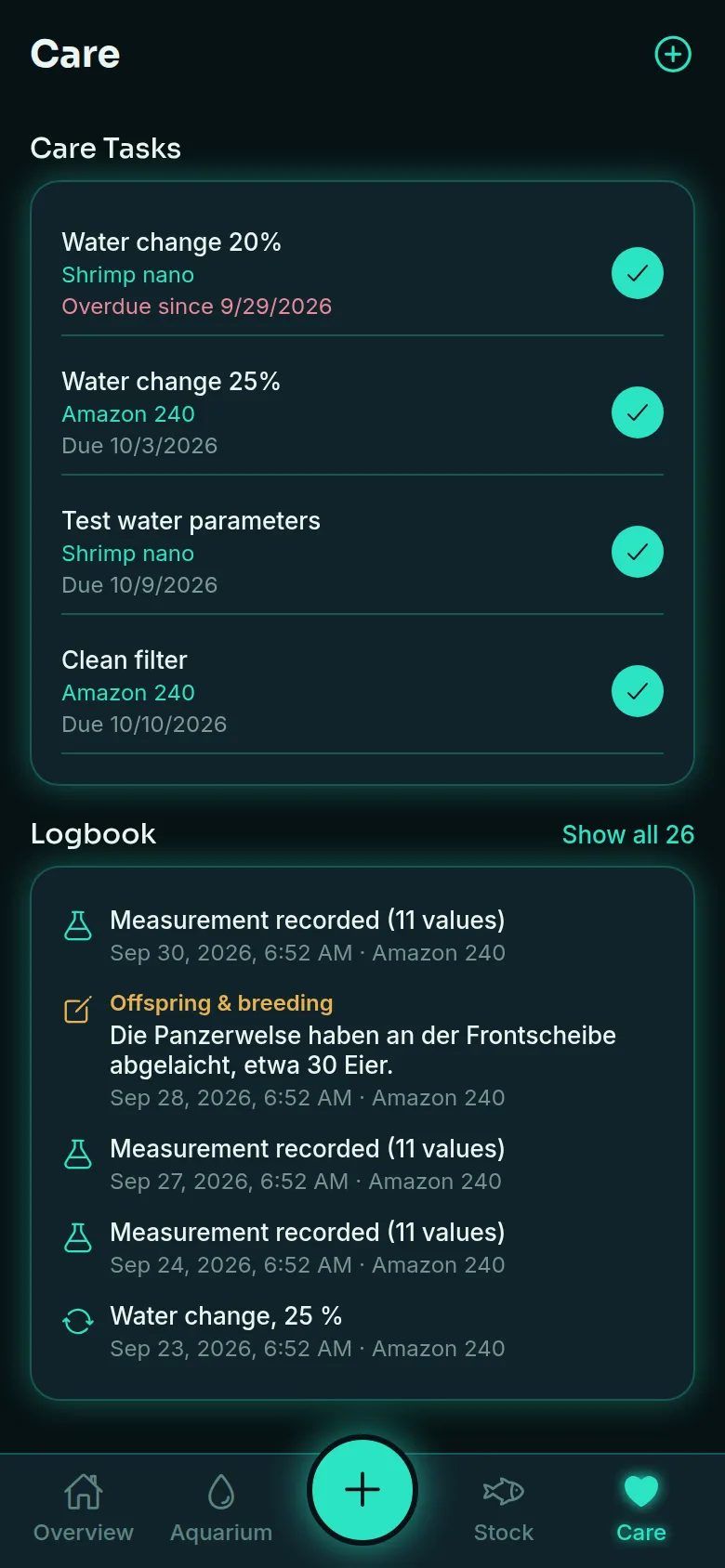 Care tasks of all tanks and logbook with readings, water changes and notes